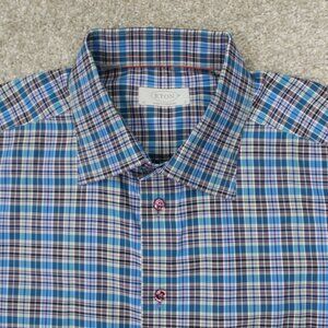 ETON Dress Shirt Men 17, 43 Blue/Green/Purple Plaid Long Sleeve Button Up
